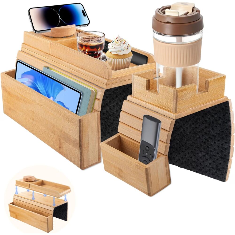Bamboo Sofa Armrest Tray 2-in-1 Detachable Couch Table Side Pocket Drink Holder